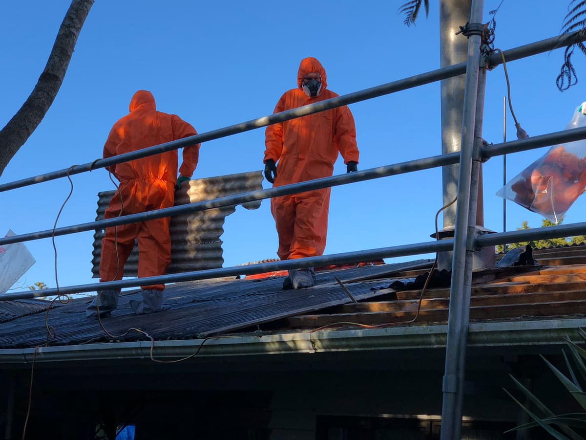 Asbestos removal crew in protective suits lifting old roofing sheets on an Auckland home