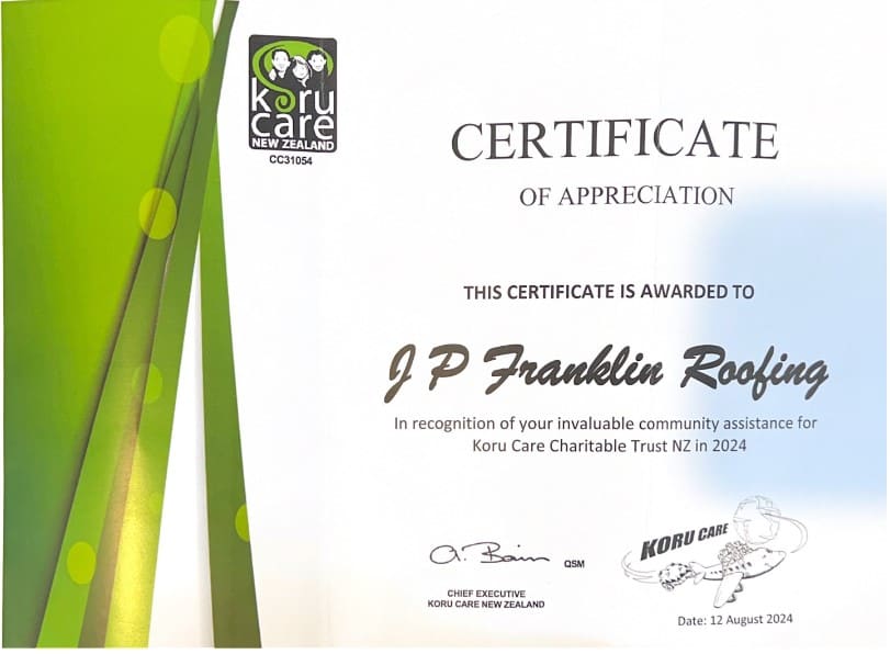Certificate of appreciation to JP Franklin Roofing from Koru Care